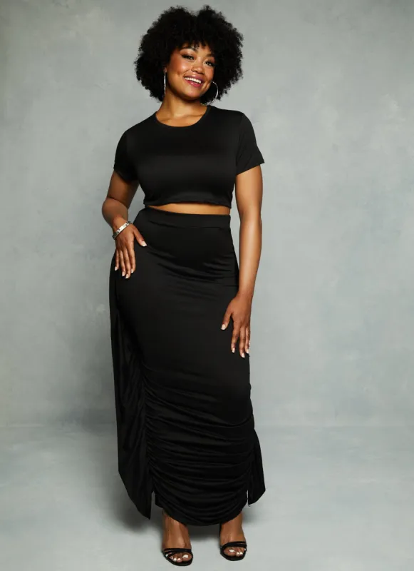 Plus Size Ruched Ruffle Detail Maxi Skirt sold by Rainbow