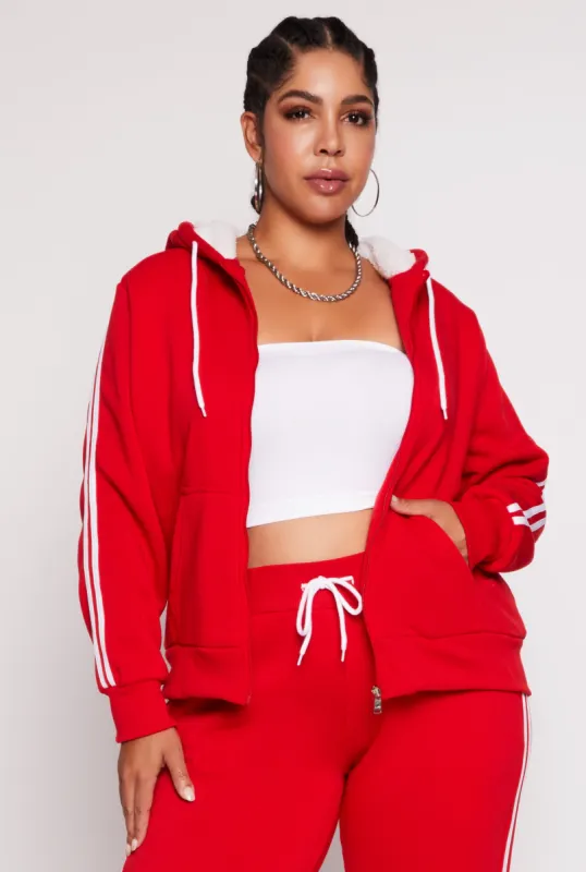 Plus Size Varsity Stripe Zip Front Sherpa Lined Hoodie sold by Rainbow