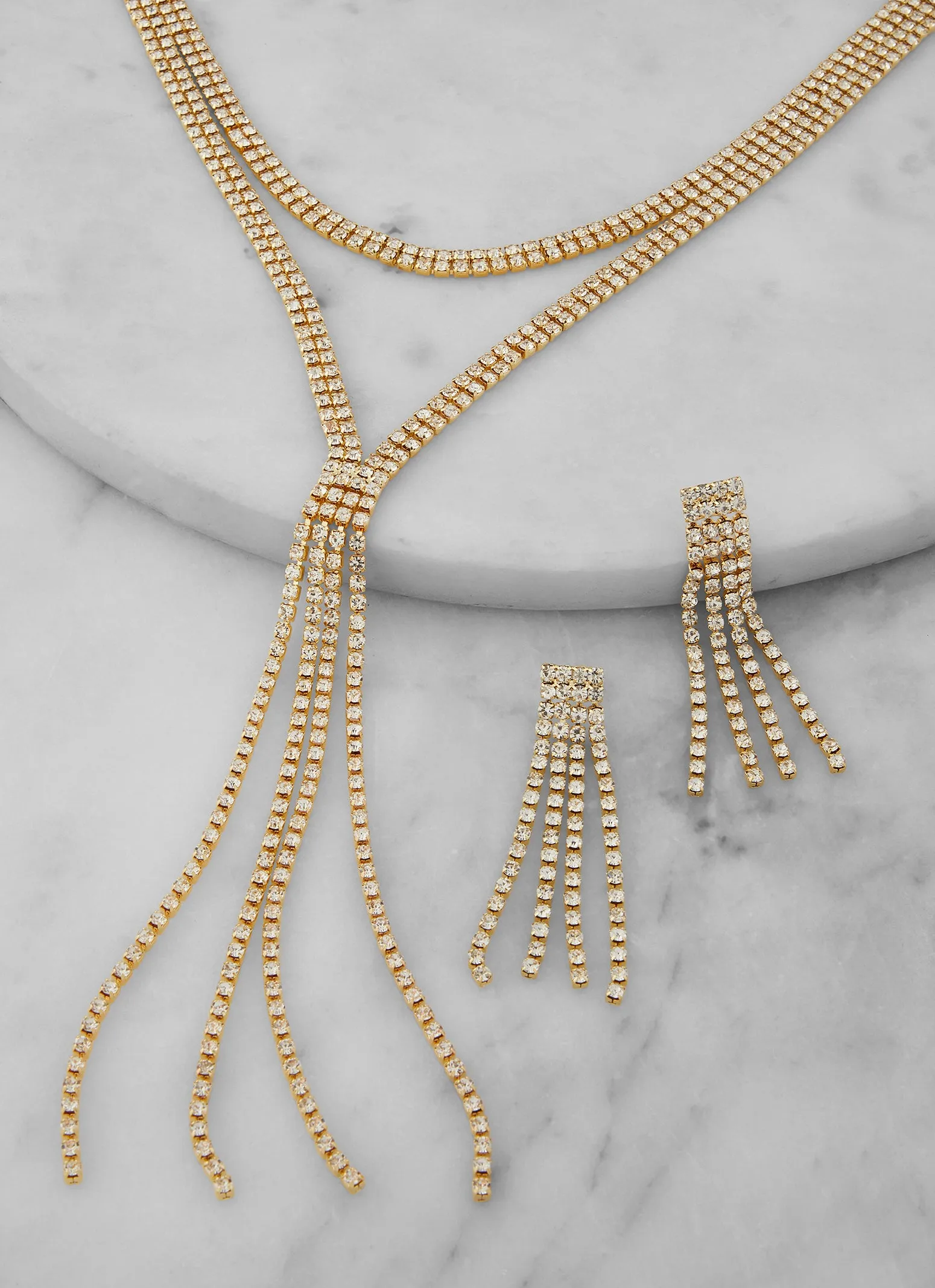 Rhinestone Layered Choker Necklace and Fringe Tassel Earrings Set sold by Rainbow product image thumbnail 2