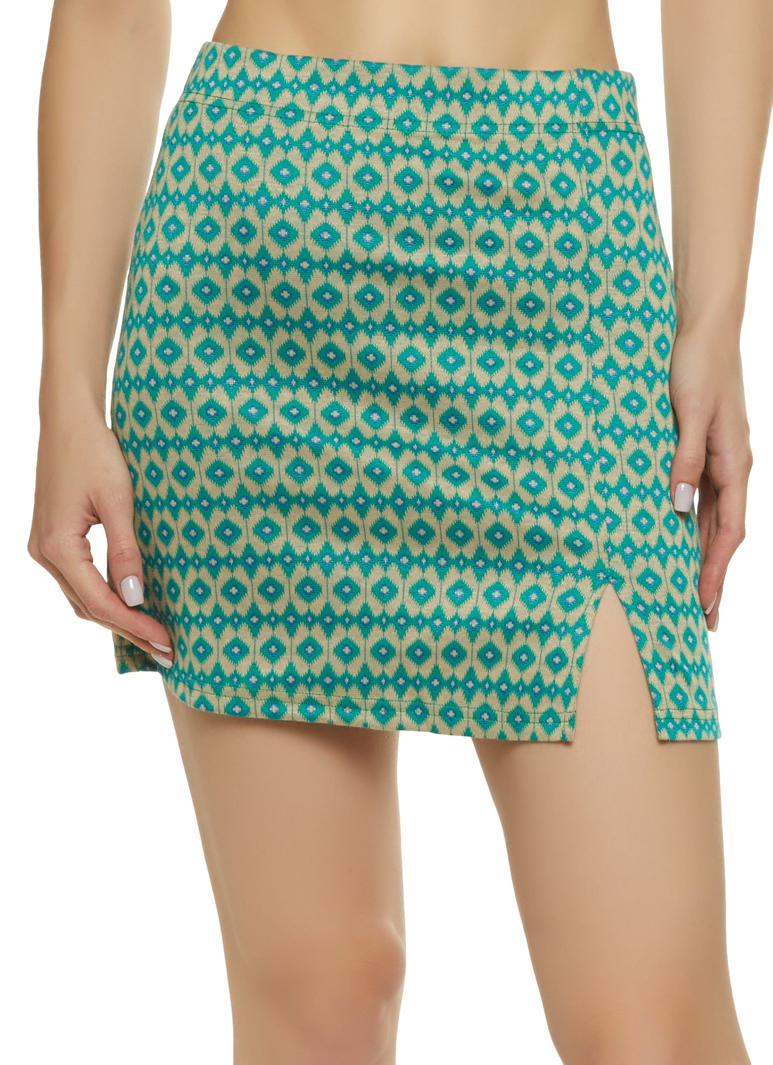 Geometric Print Slit Hem Mini Skirt sold by Rainbow
