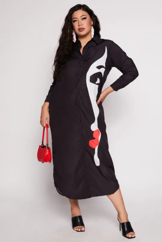 Plus Size Face Graphic Button Front Maxi Shirt Dress sold by Rainbow