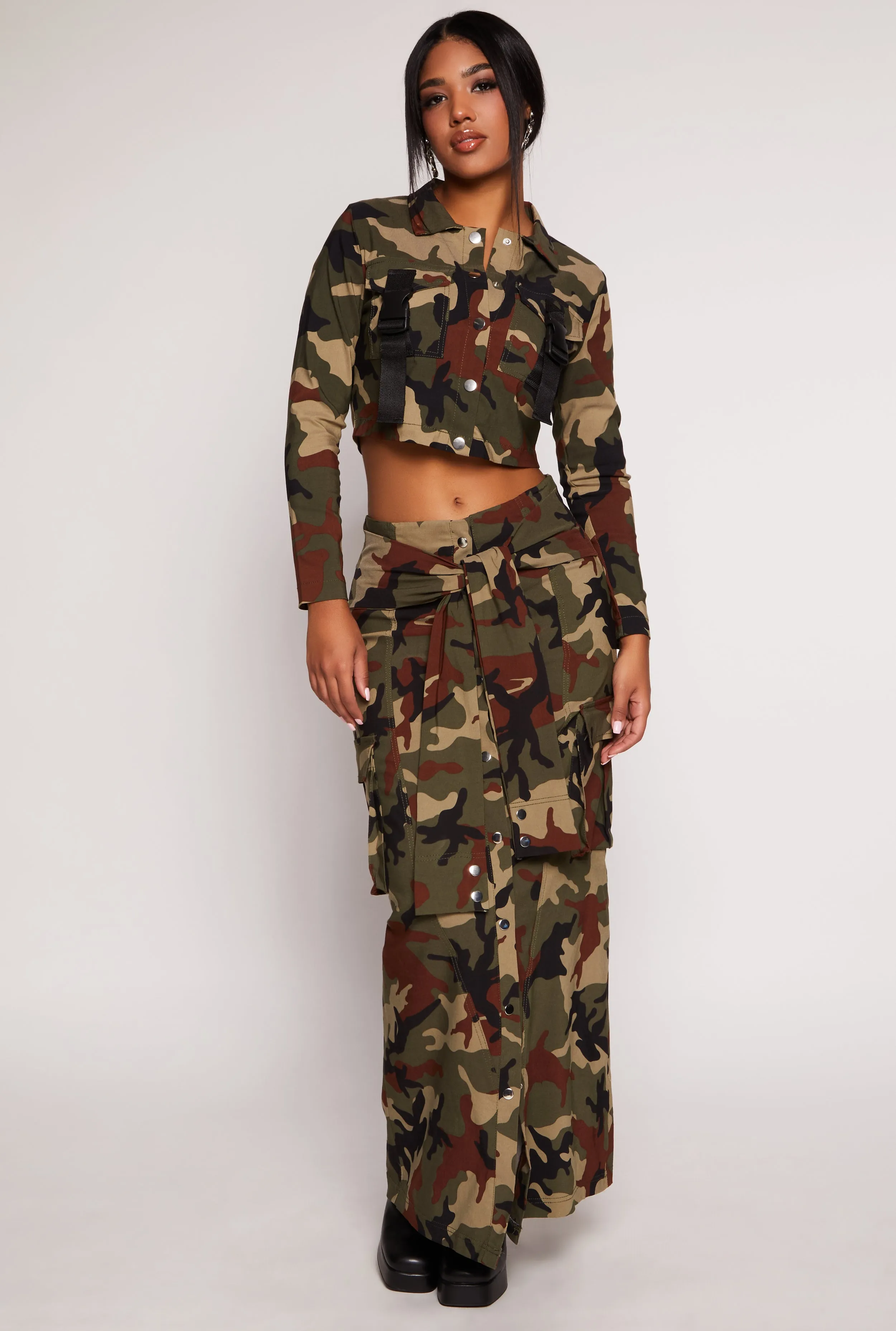Camo Tie Front Maxi Cargo Skirt sold by Rainbow