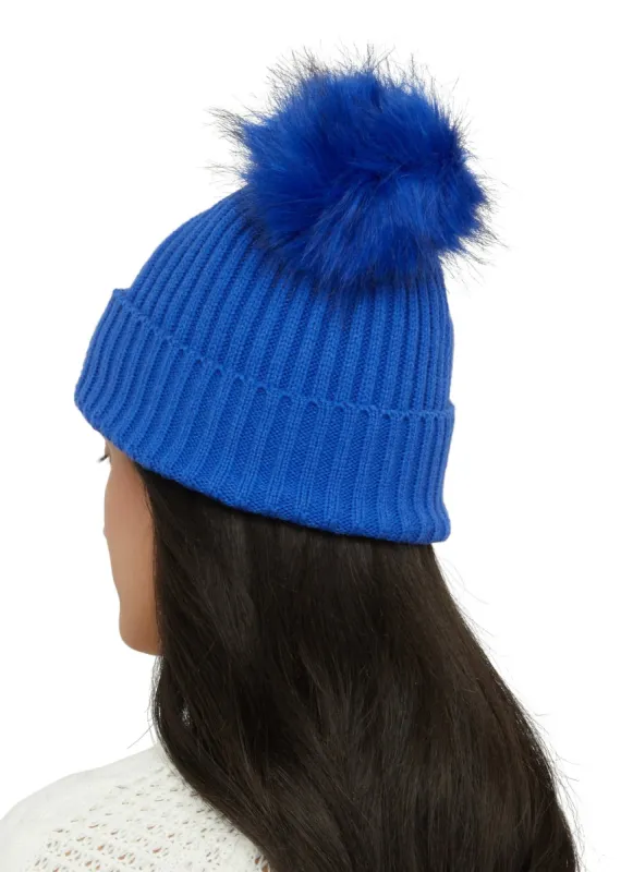 Ribbed Knit Faux Fur Pom Pom Beanie sold by Rainbow