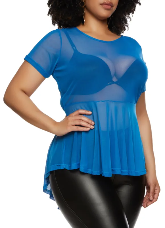 Plus Size Sheer Mesh Short Sleeve Peplum Top sold by Rainbow