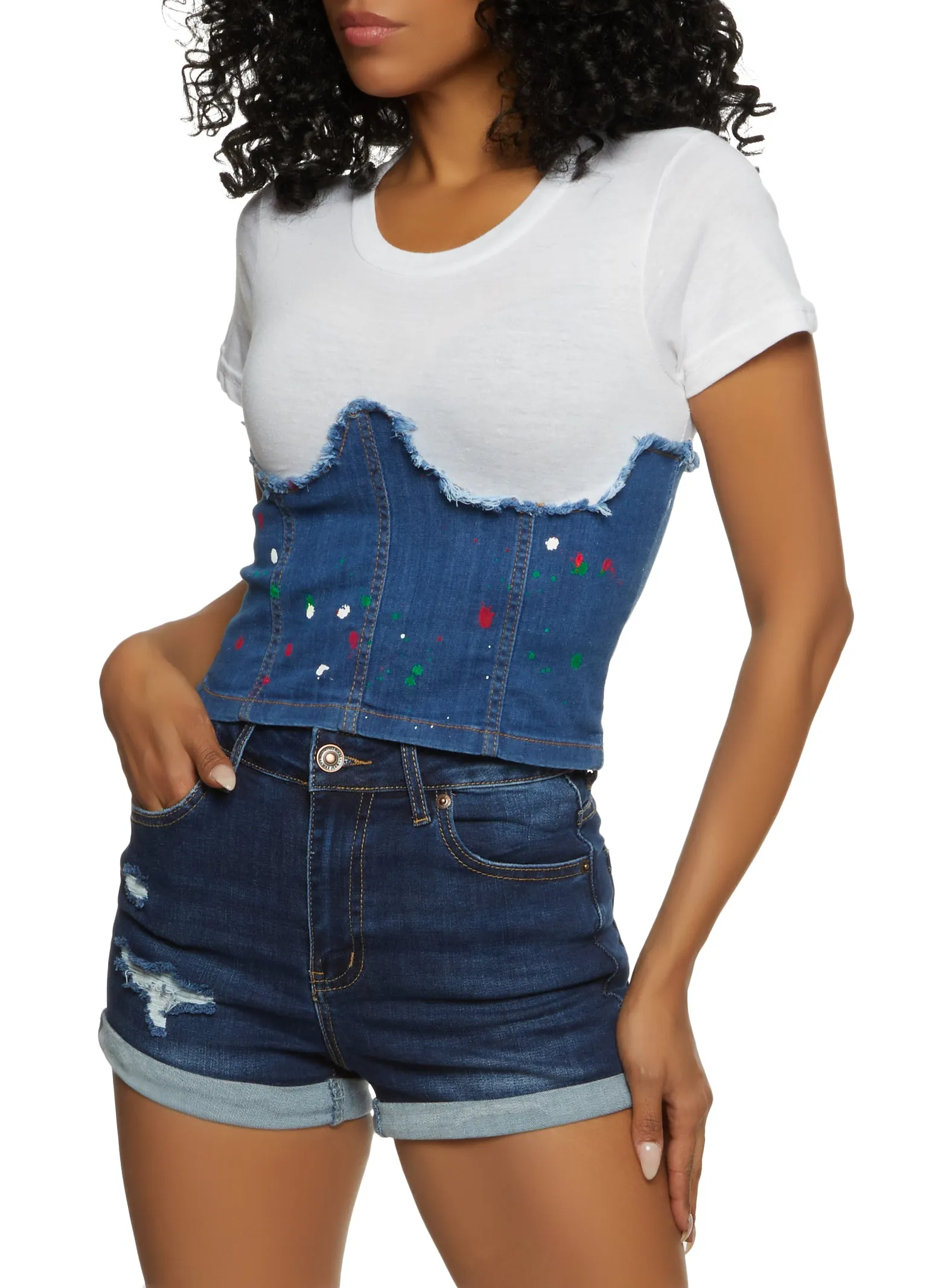 Paint Splatter Denim Corset T Shirt sold by Rainbow