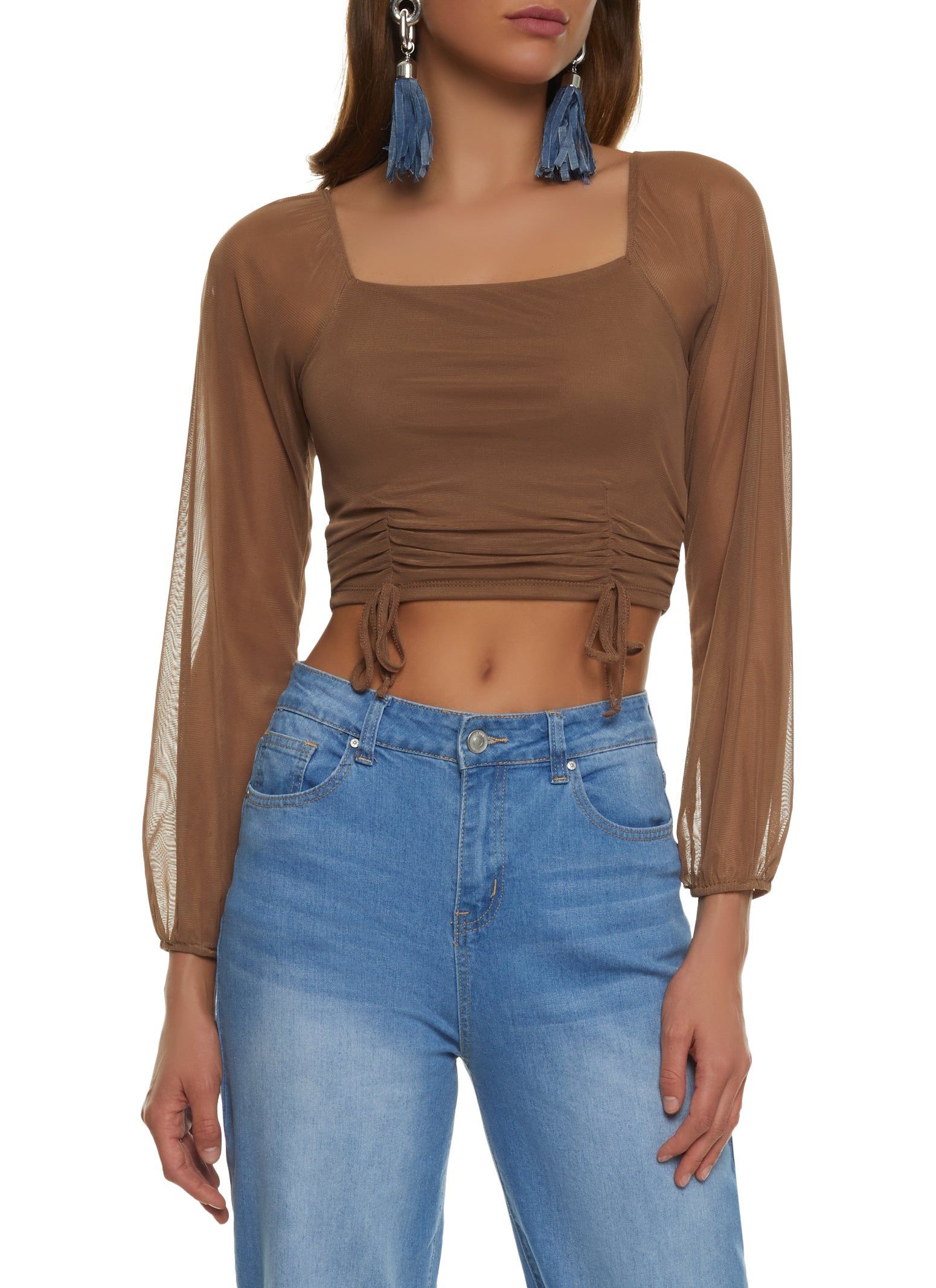 Mesh Long Sleeve Ruched Crop Top sold by Rainbow