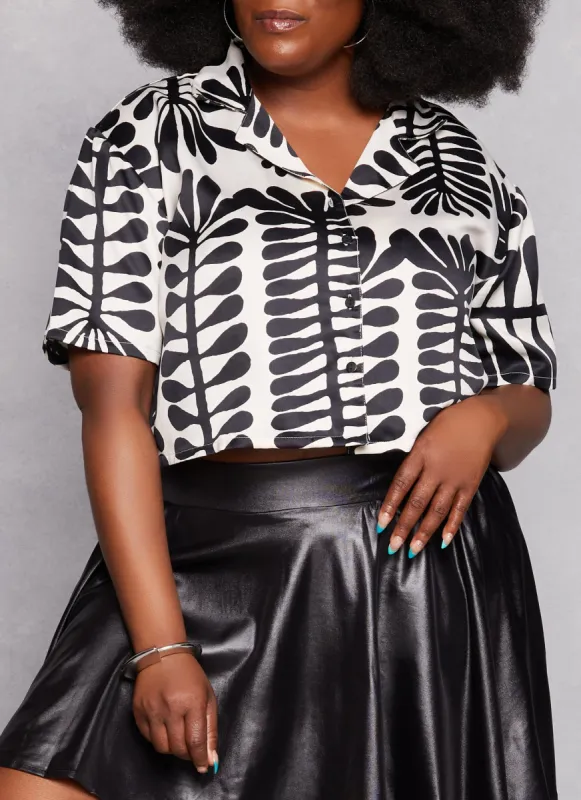 Plus Size Satin Leaf Print Button Front Shirt sold by Rainbow