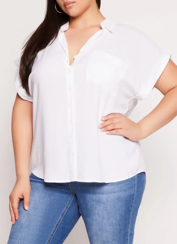 Plus Size Cuffed Sleeve Button Front Shirt sold by Rainbow