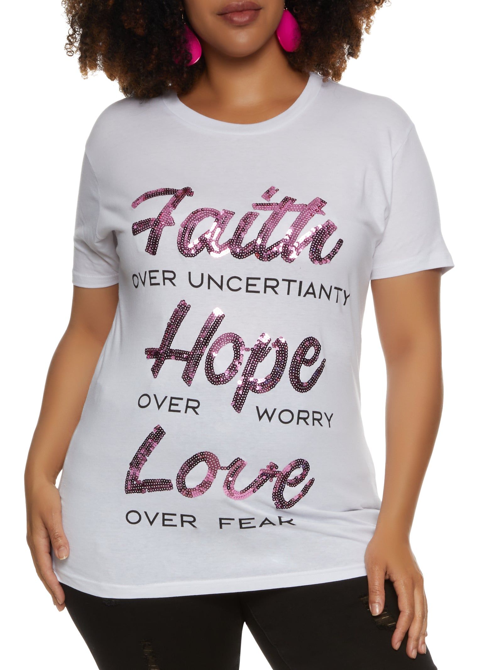 Plus Size Faith Hope Love Sequin Graphic Tee sold by Rainbow