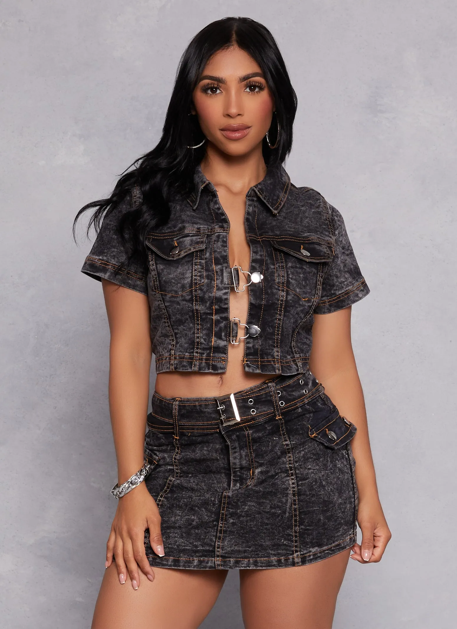 Hook Closure Cropped Acid Wash Denim Jacket sold by Rainbow