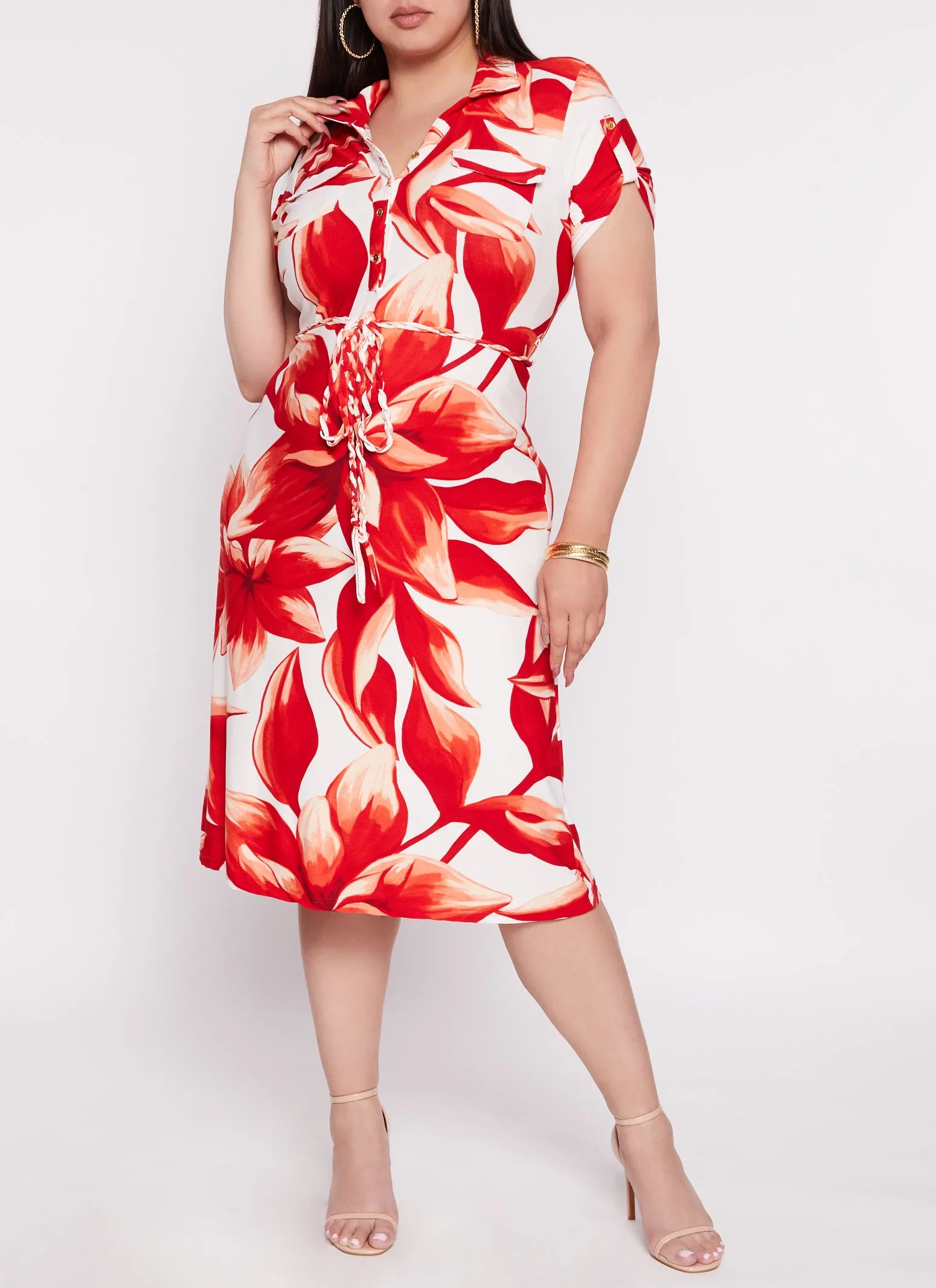 Plus Size Floral Print Tie Waist Belted Shirt Dress sold by Rainbow