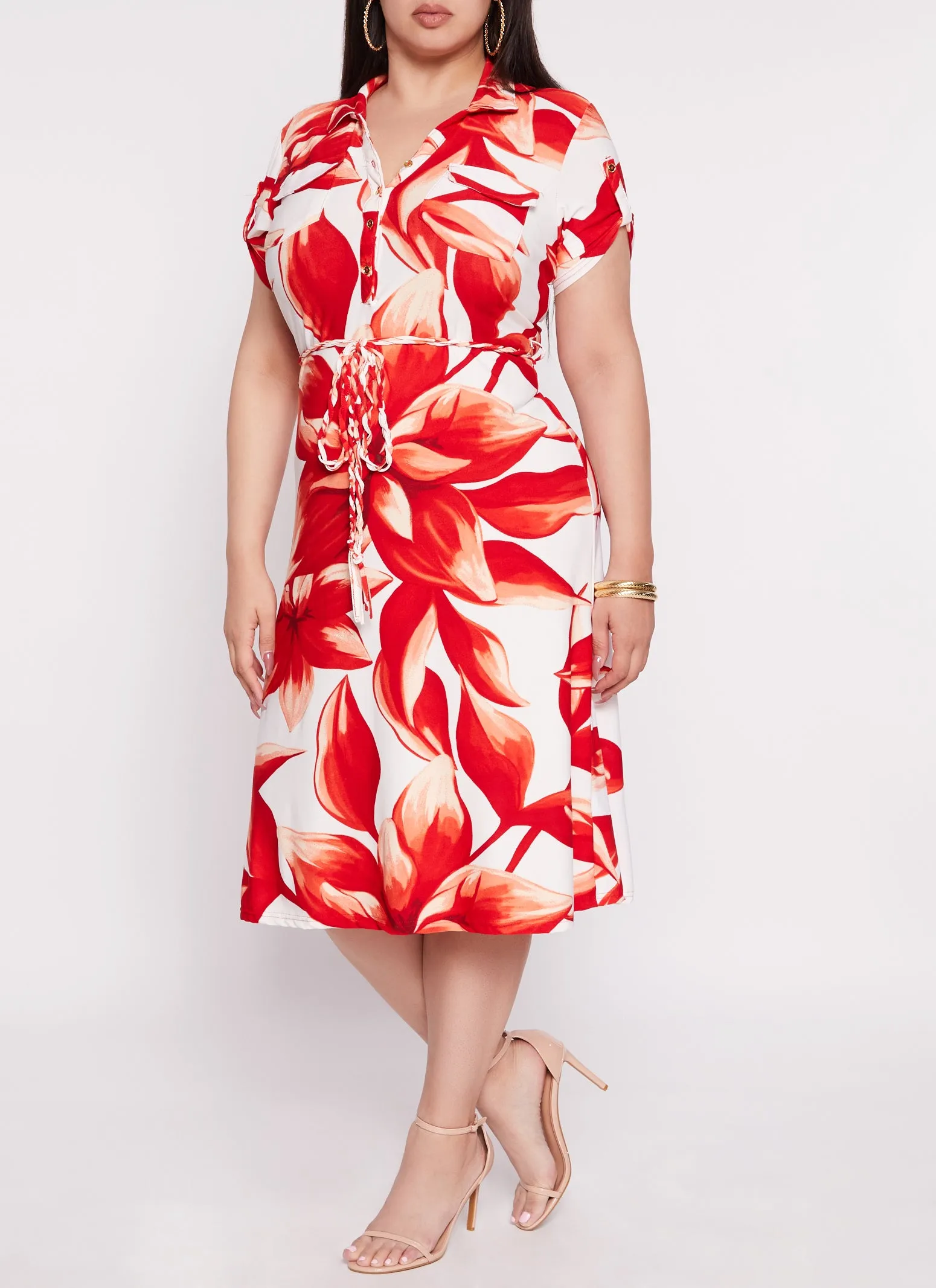 Plus Size Floral Print Tie Waist Belted Shirt Dress sold by Rainbow product image thumbnail 2