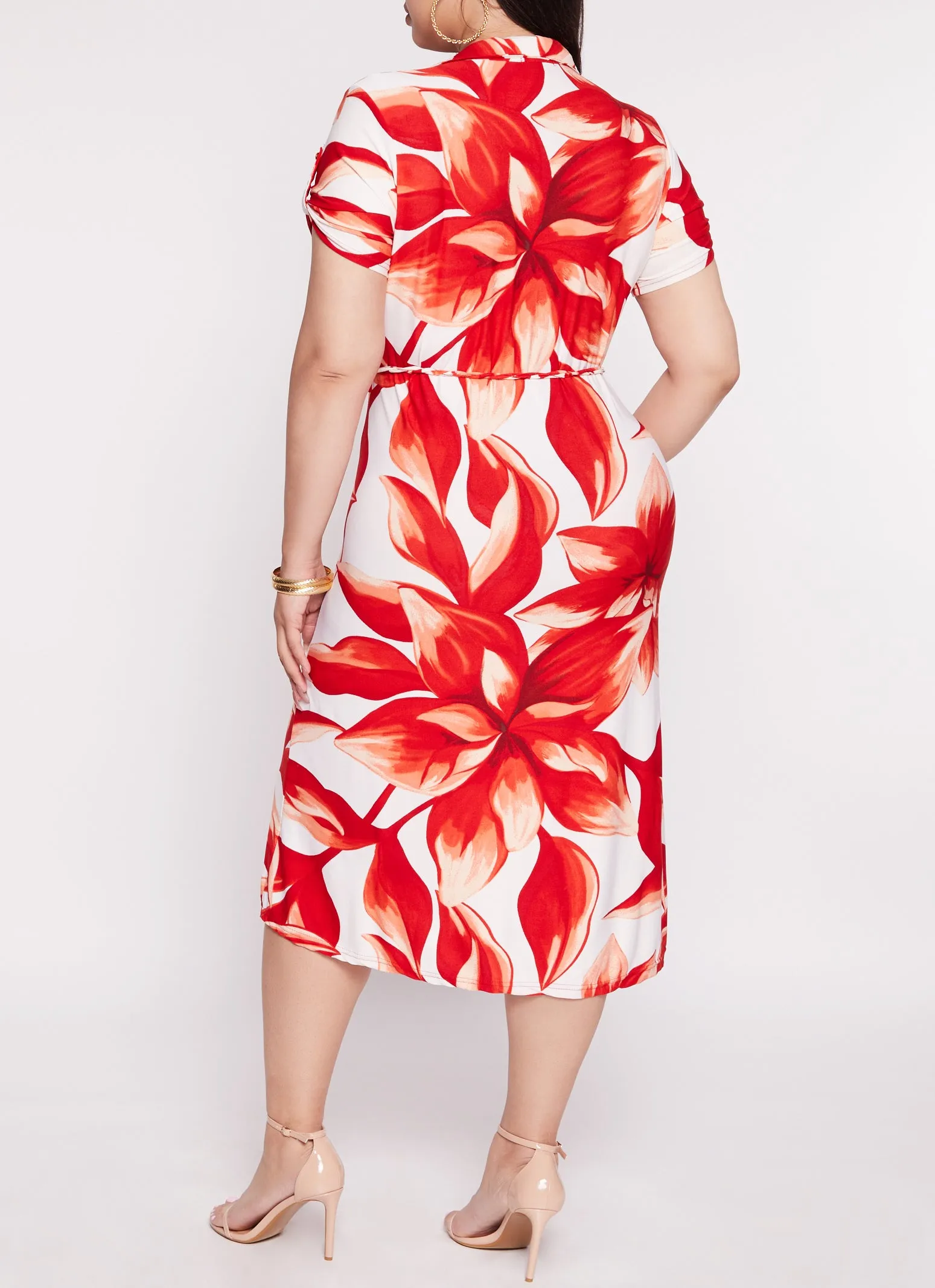 Plus Size Floral Print Tie Waist Belted Shirt Dress sold by Rainbow product image thumbnail 3