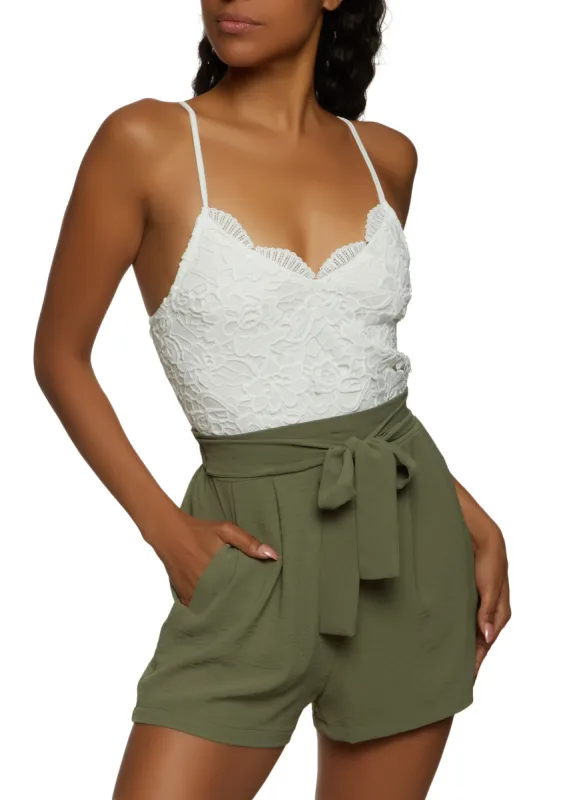 Lace Color Block Tie Waist Romper sold by Rainbow