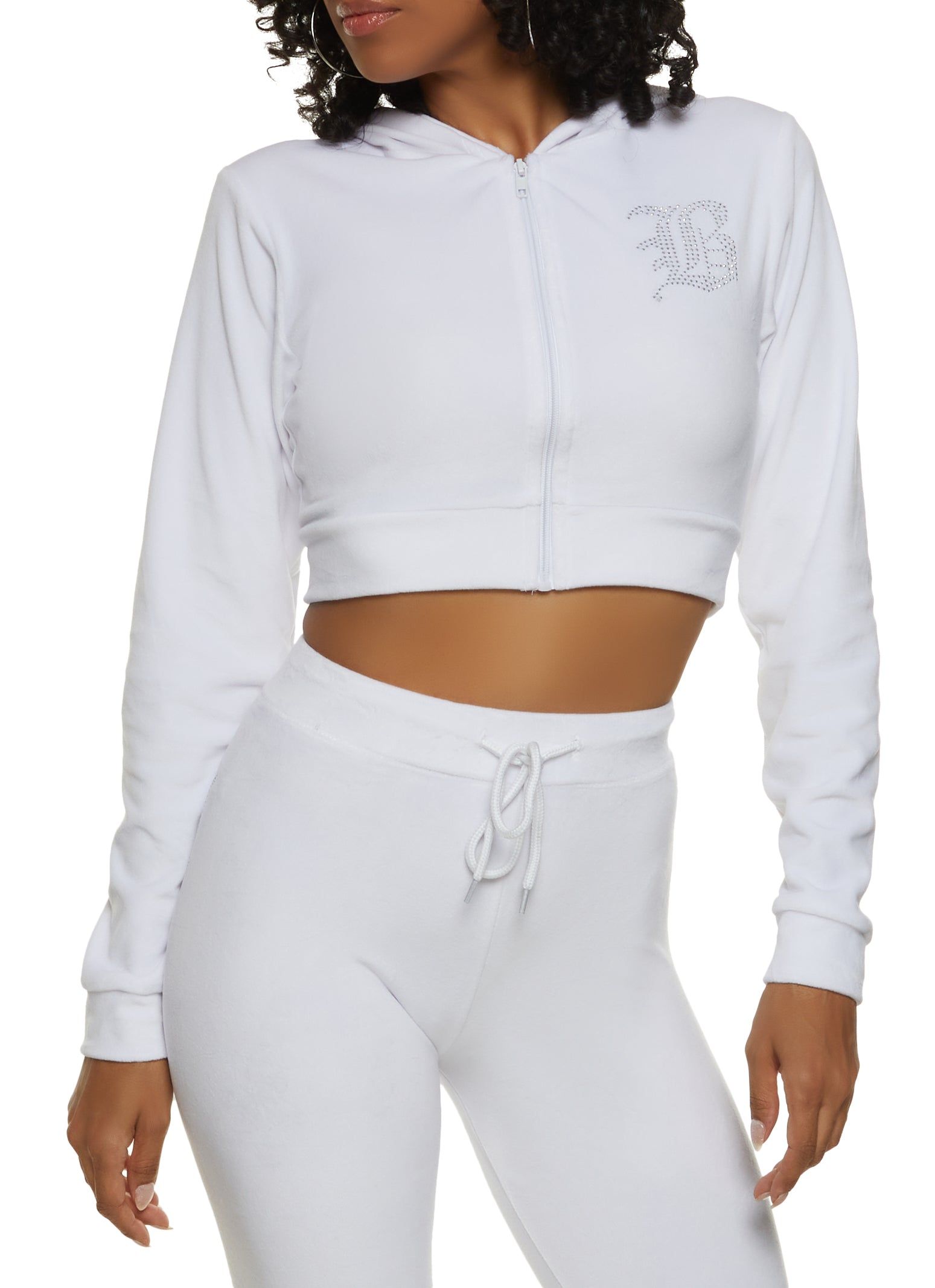 B Initial Rhinestone Velour Cropped Hoodie sold by Rainbow