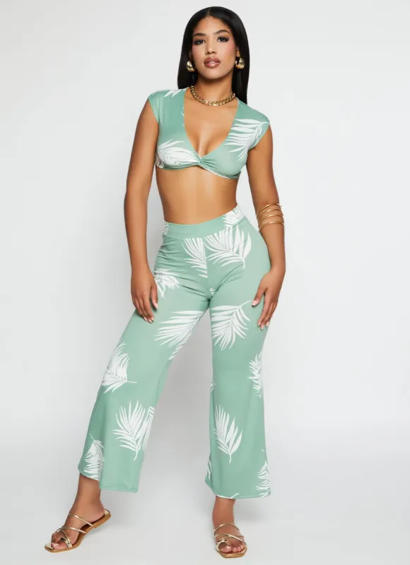 Palm Leaf Print Twist Front Crop Top made by Rainbow