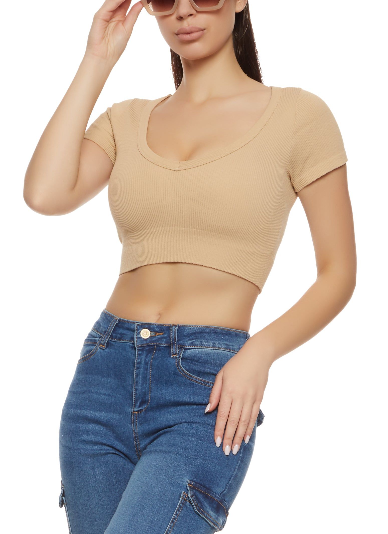 Seamless Ribbed V Neck Crop Top sold by Rainbow