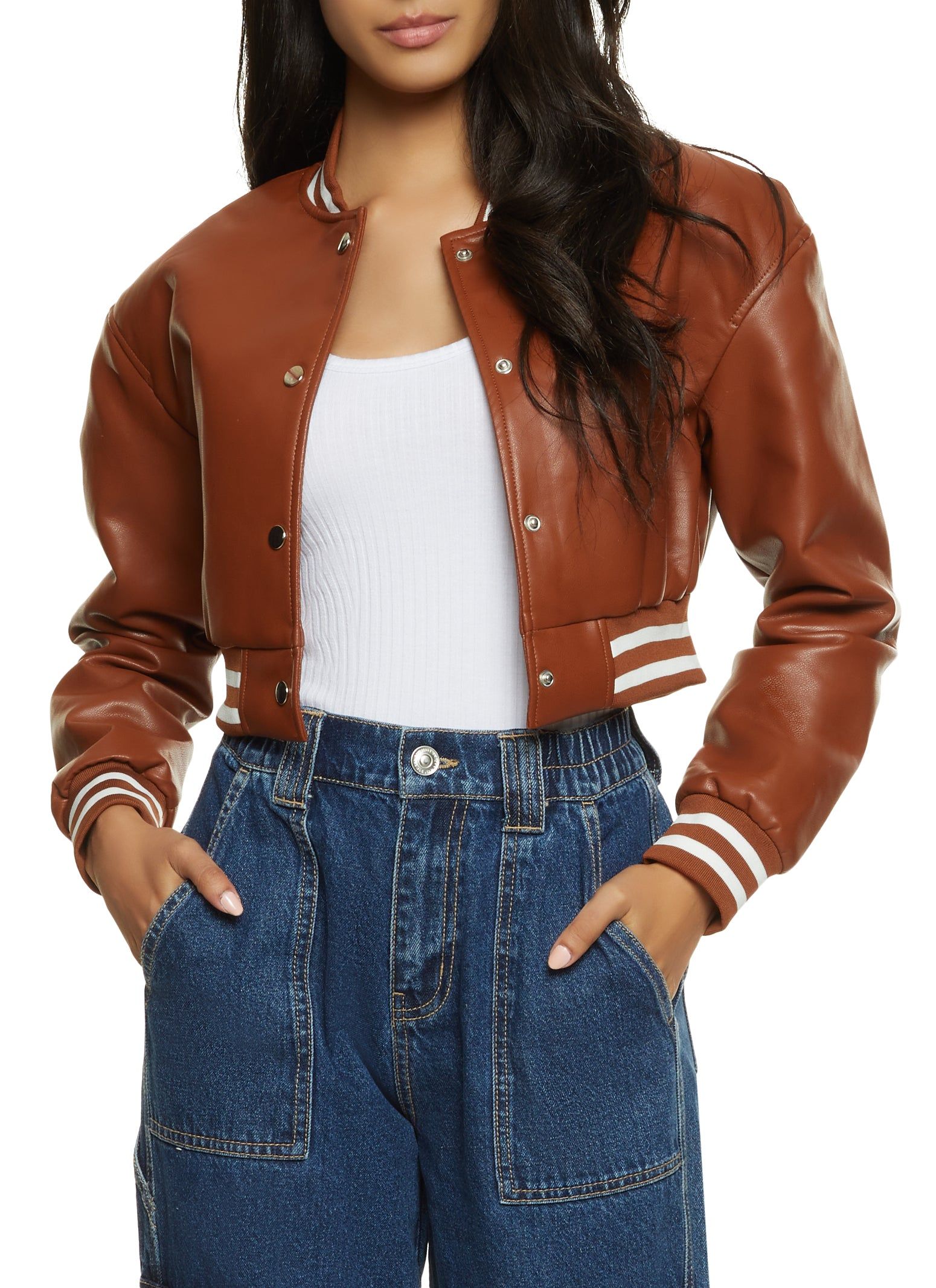 Faux Leather Cropped Baseball Jacket sold by Rainbow