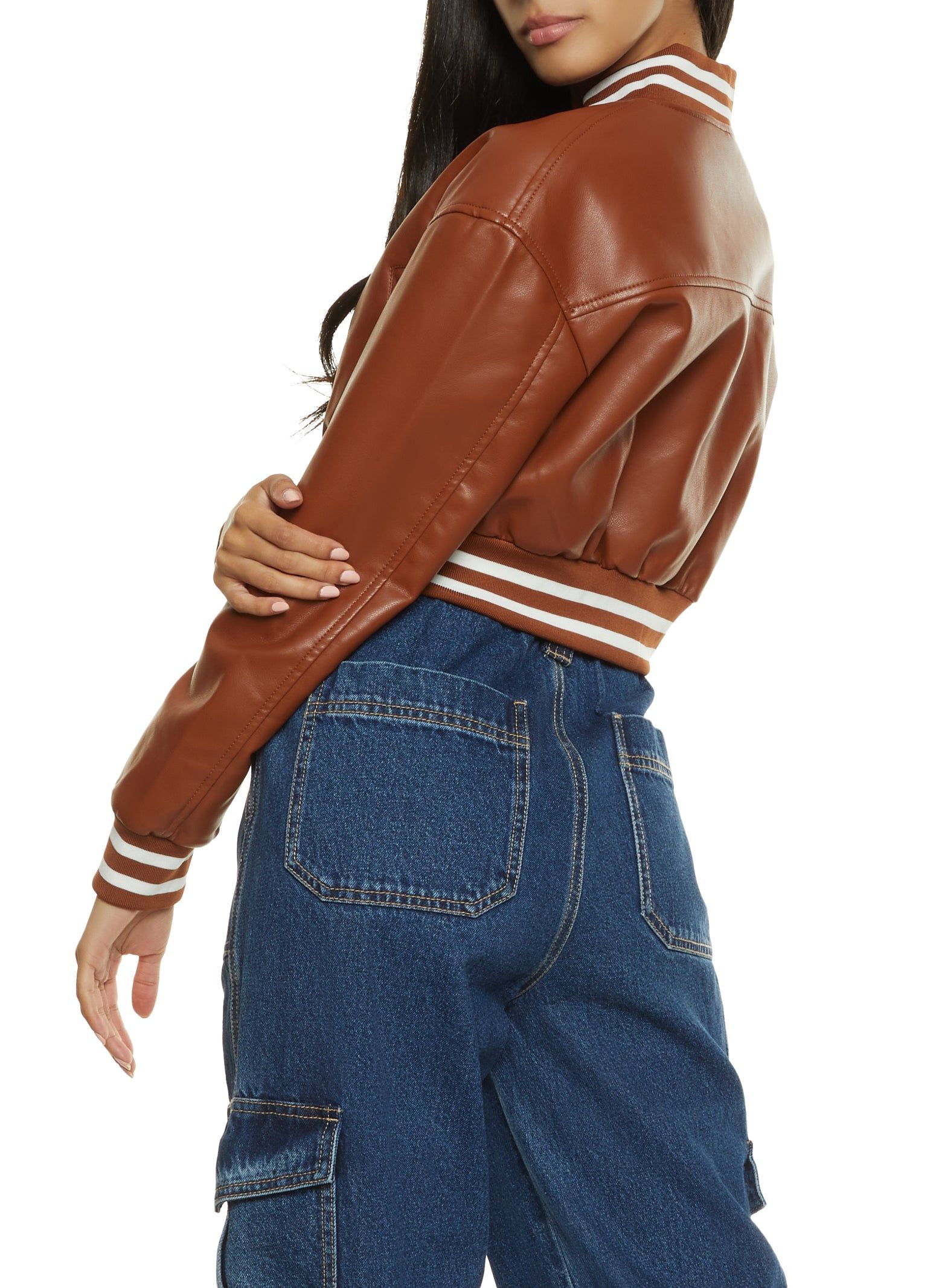 Faux Leather Cropped Baseball Jacket sold by Rainbow product image thumbnail 3