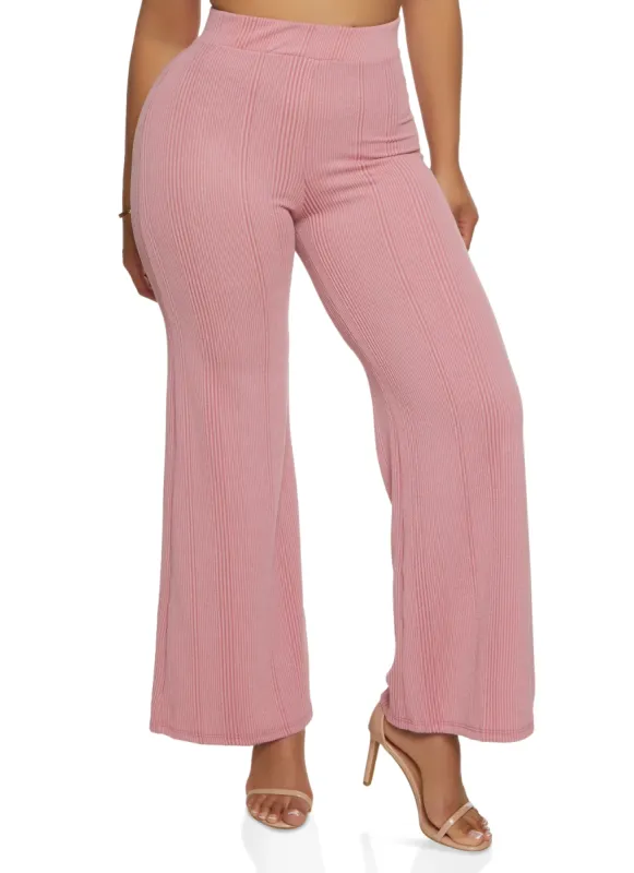 Solid Ribbed High Waist Wide Leg Pants sold by Rainbow