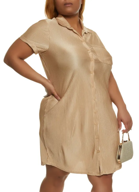 Plus Size Plisse Short Sleeve Shirt Dress sold by Rainbow