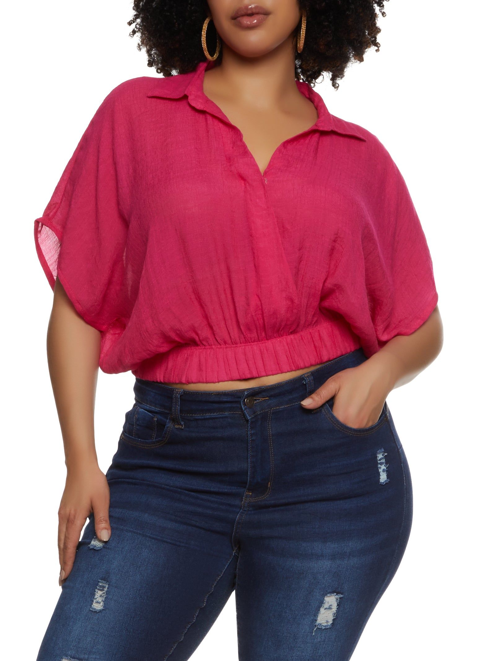 Plus Size Elastic Waist Cropped V Neck Shirt sold by Rainbow