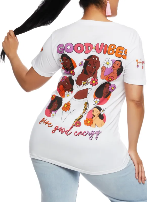Plus Size Floral Good Vibes Graphic T Shirt sold by Rainbow