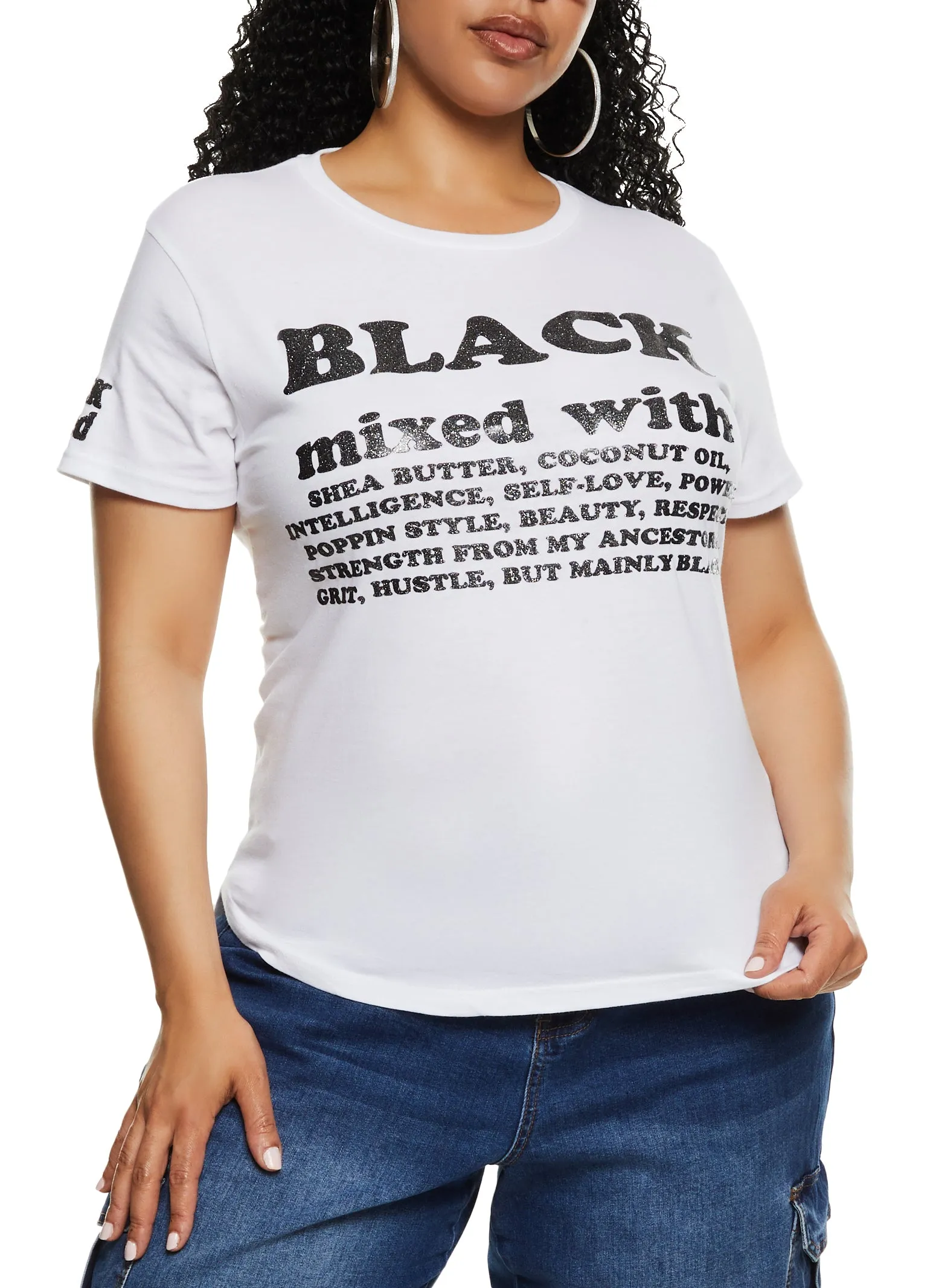 Plus Size High Low Hem Black Mixed Glitter Graphic Tee sold by Rainbow