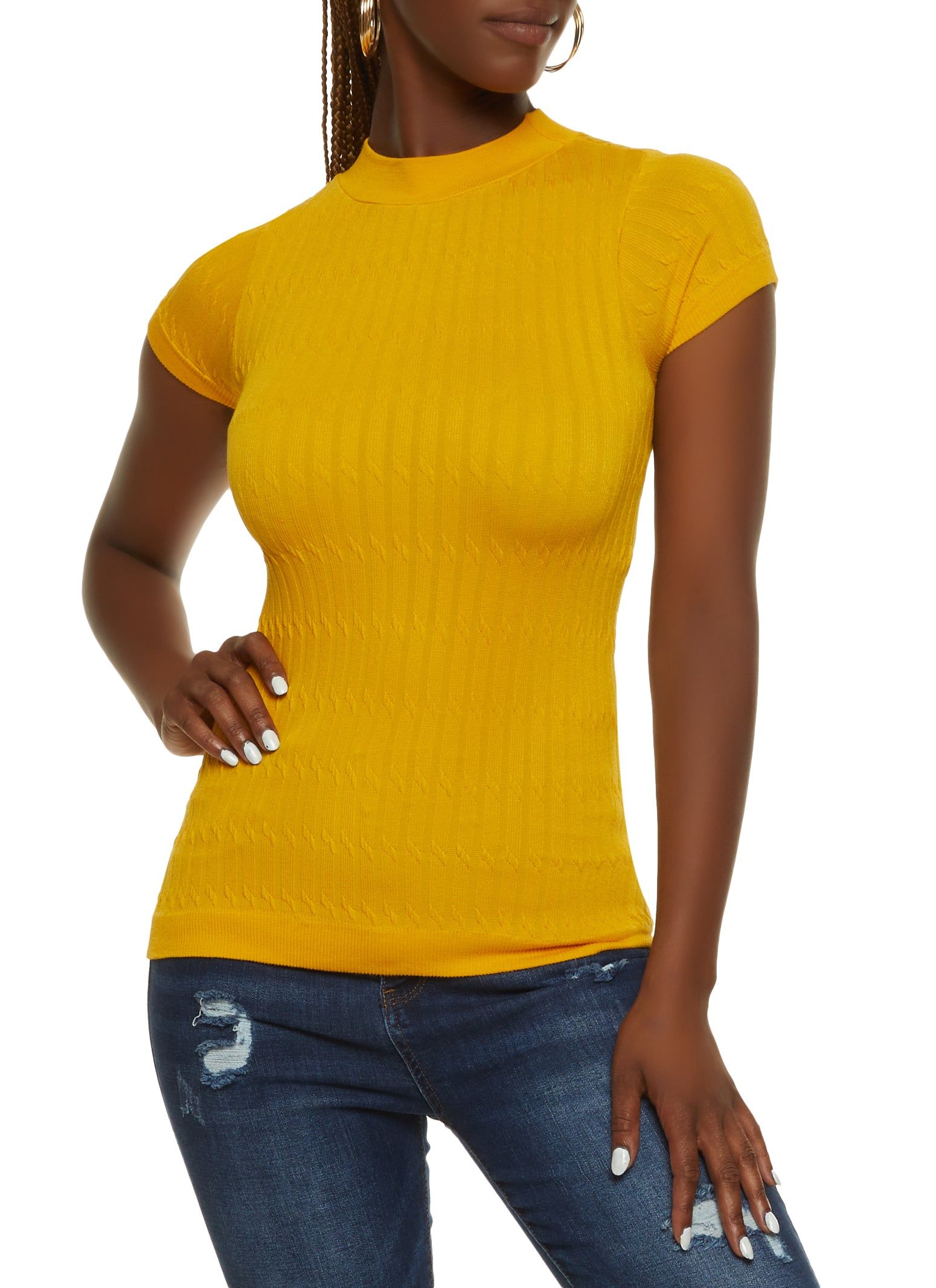 Seamless Cable Knit Mock Neck Short Sleeve Top sold by Rainbow