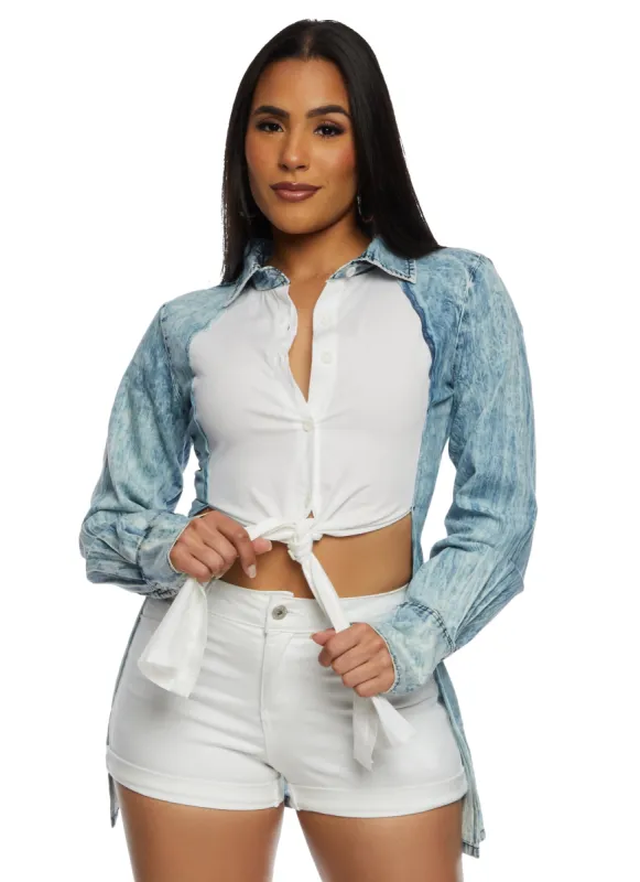 Acid Wash Color Blocked Tie Front Tunic Shirt sold by Rainbow