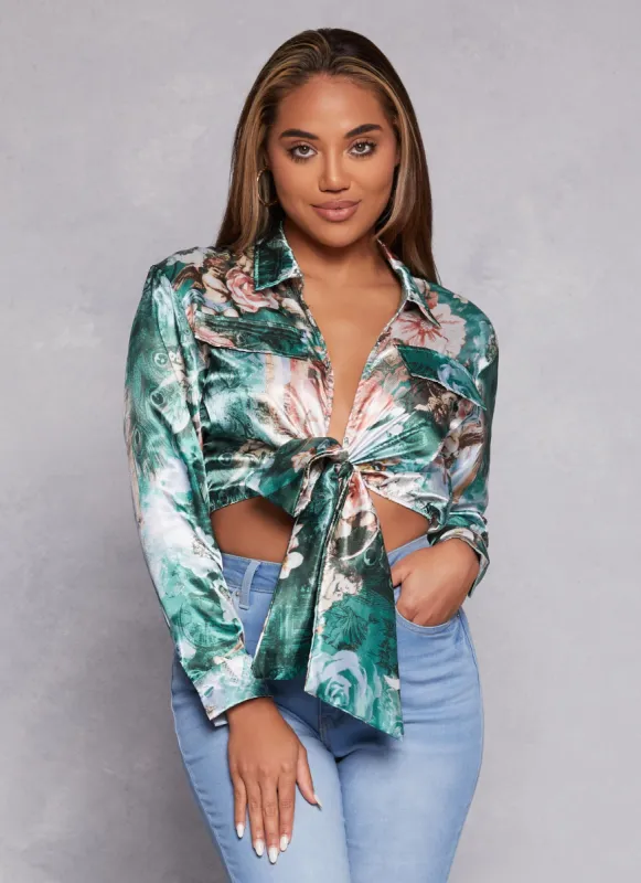 Satin Printed Long Sleeve Tie Front Blouse sold by Rainbow