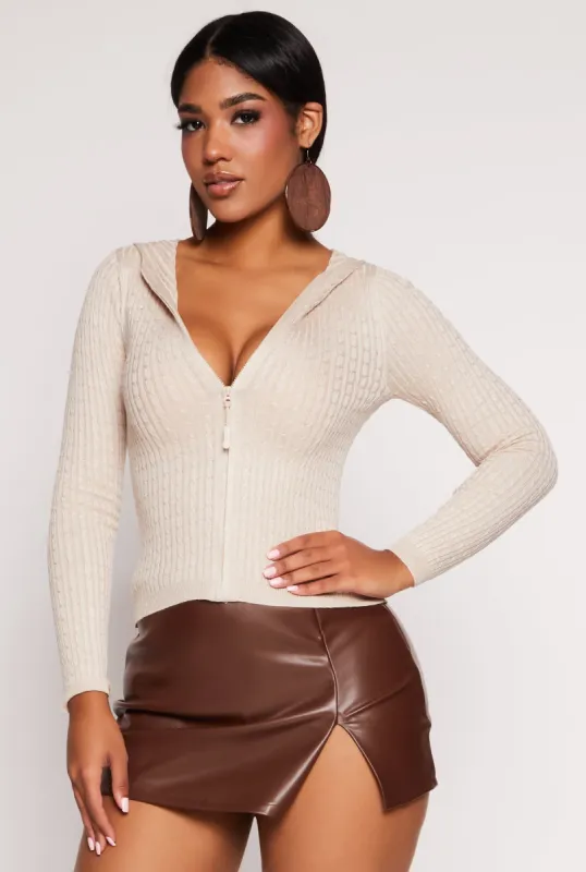 Cable Knit Zip Front Hooded Sweater sold by Rainbow