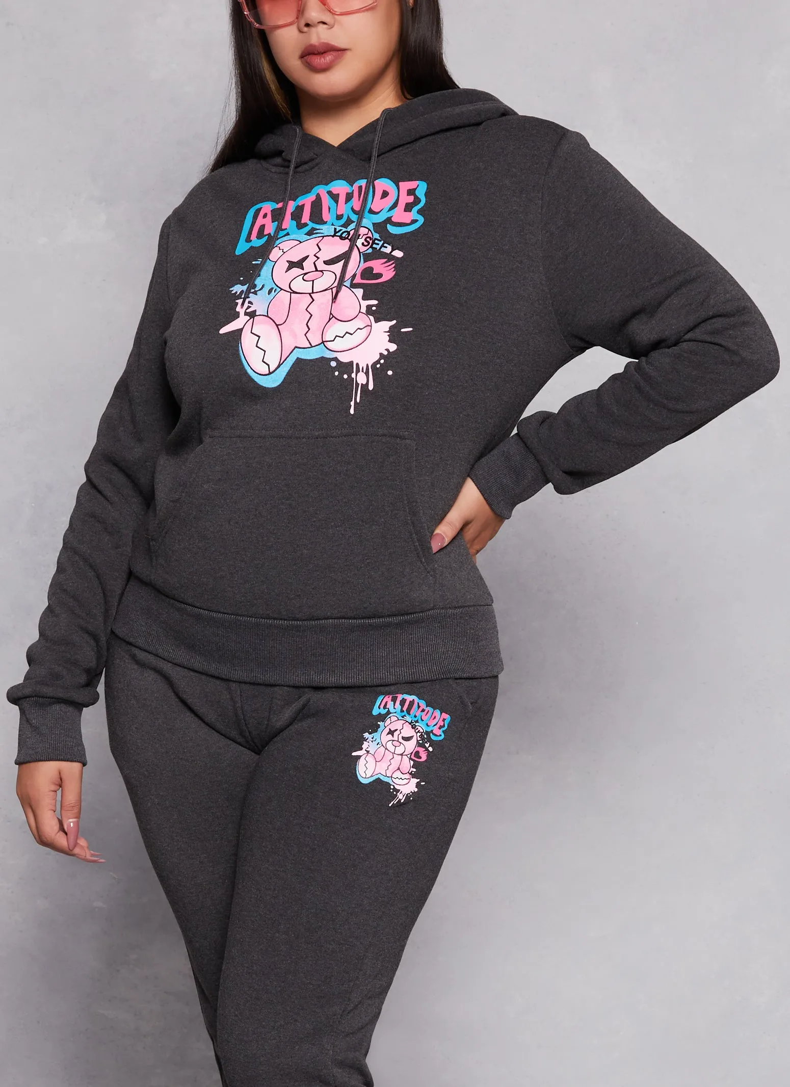 Plus Size Attitude Bear Graphic Pullover Hoodie sold by Rainbow