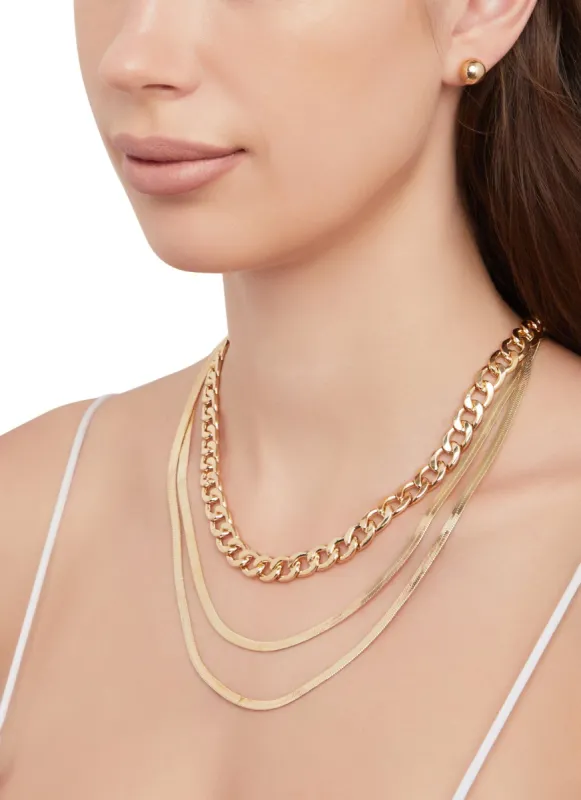 Layered Curb Chain Necklace and Stud Earrings sold by Rainbow