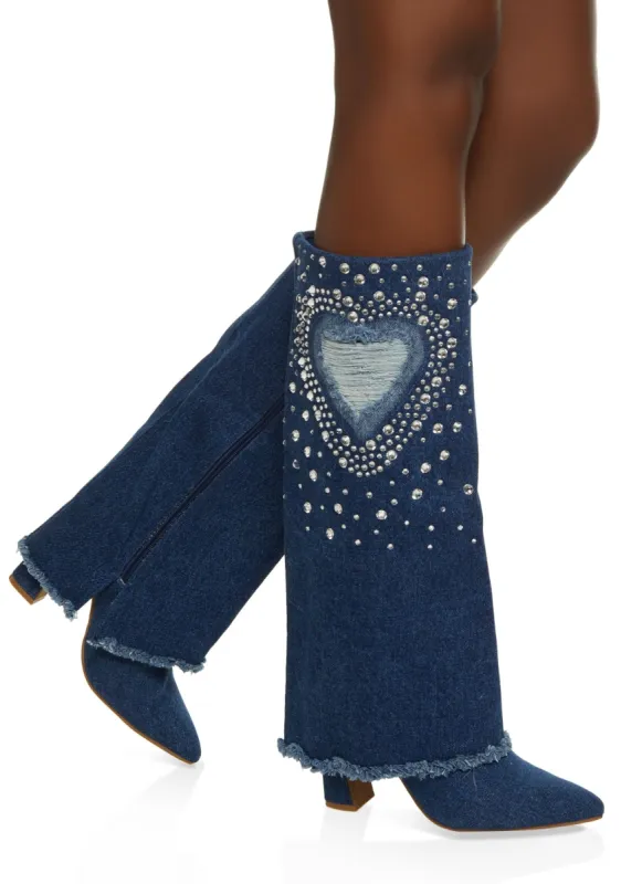 Denim Rhinestone Heart Fold Over Tall Boots sold by Rainbow