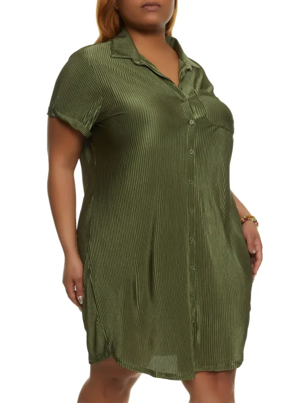 Plus Size Plisse Short Sleeve Shirt Dress sold by Rainbow