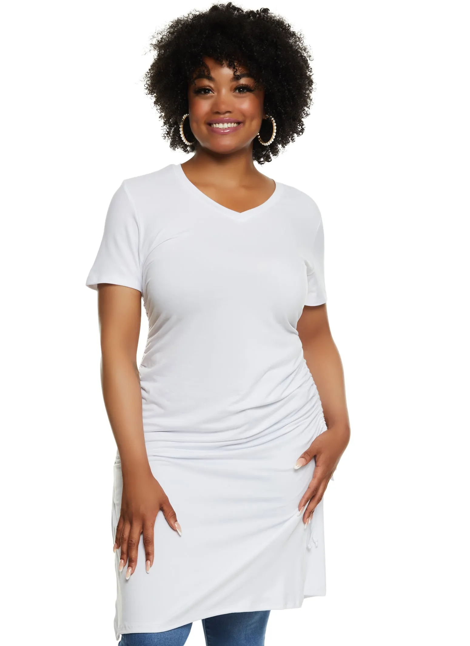 Plus Size Ruched Side V Neck Top sold by Rainbow
