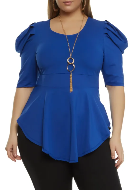 Plus Size Puff Sleeve Peplum Top with Necklace sold by Rainbow