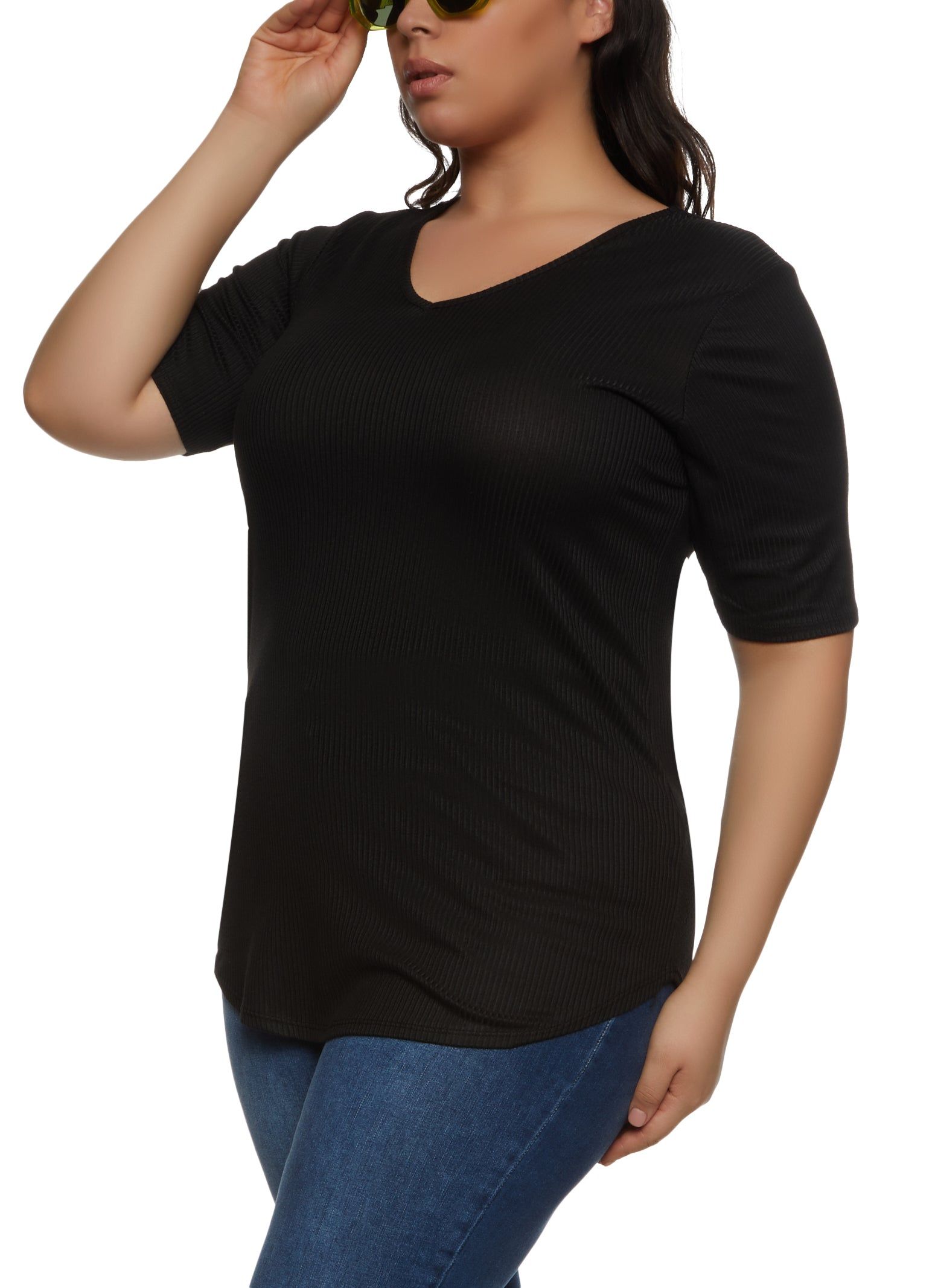 Plus Size Rib Knit V Neck Tee sold by Rainbow