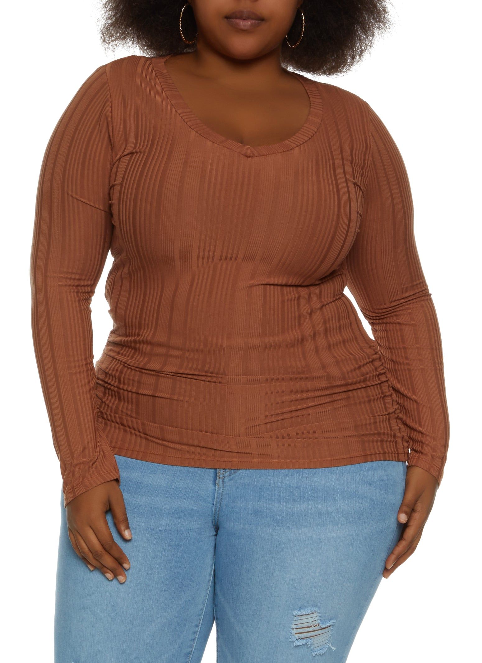 Plus Size Ribbed Knit Long Sleeve Ruched Top sold by Rainbow