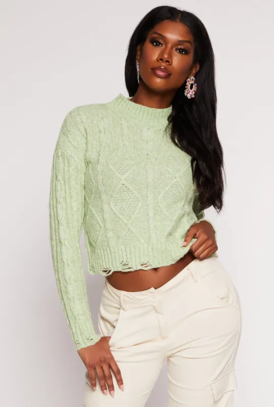 Wool Cable Knit Distressed Cropped Sweater sold by Rainbow