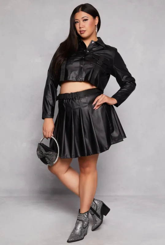 Plus Size Belted Faux Leather Pleated Skirt sold by Rainbow