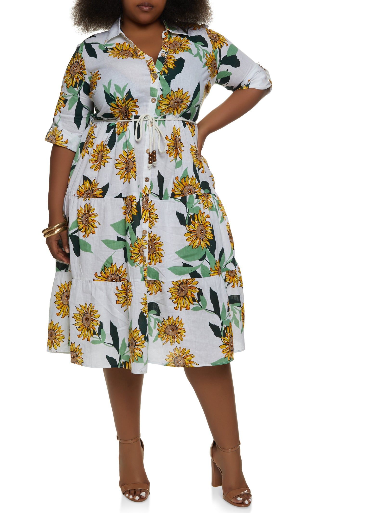 Plus Size Sunflower Print Tie Waist Tiered Dress sold by Rainbow product image thumbnail 2