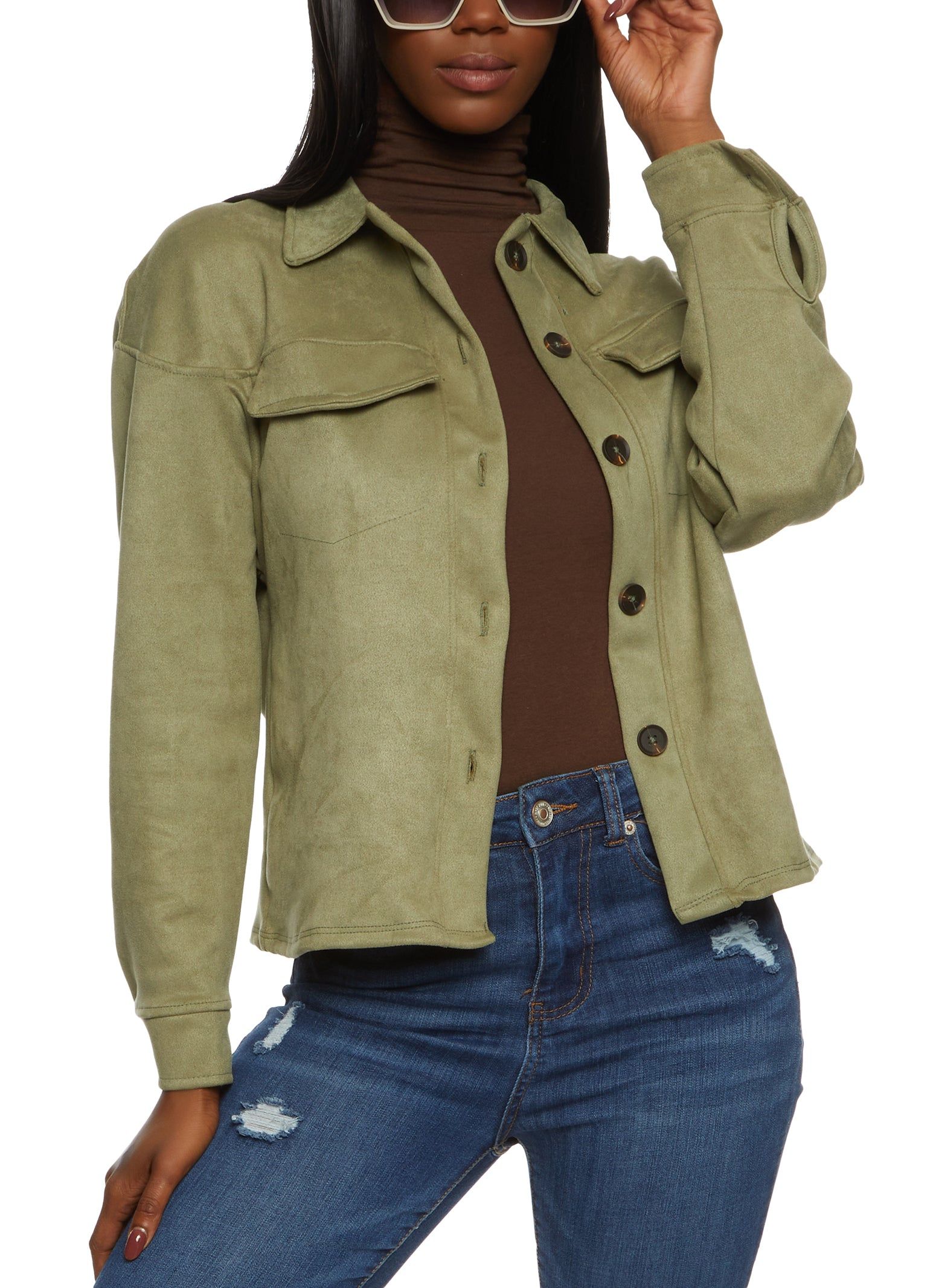 Faux Suede Button Front Shirt sold by Rainbow