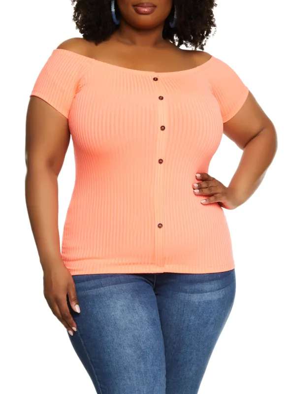 Plus Size Rib Knit Button Detail Off the Shoulder Top sold by Rainbow