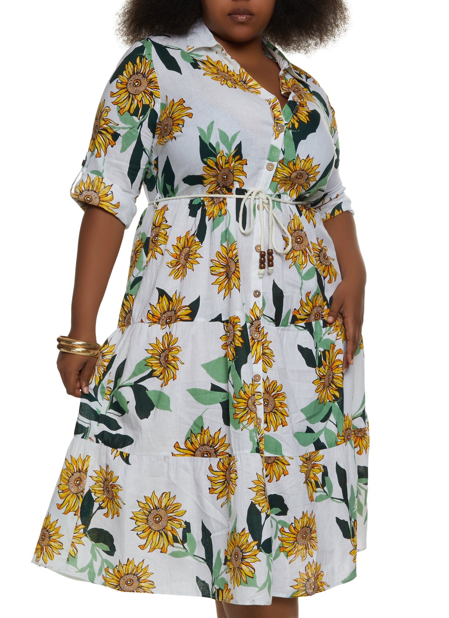 Plus Size Sunflower Print Tie Waist Tiered Dress sold by Rainbow