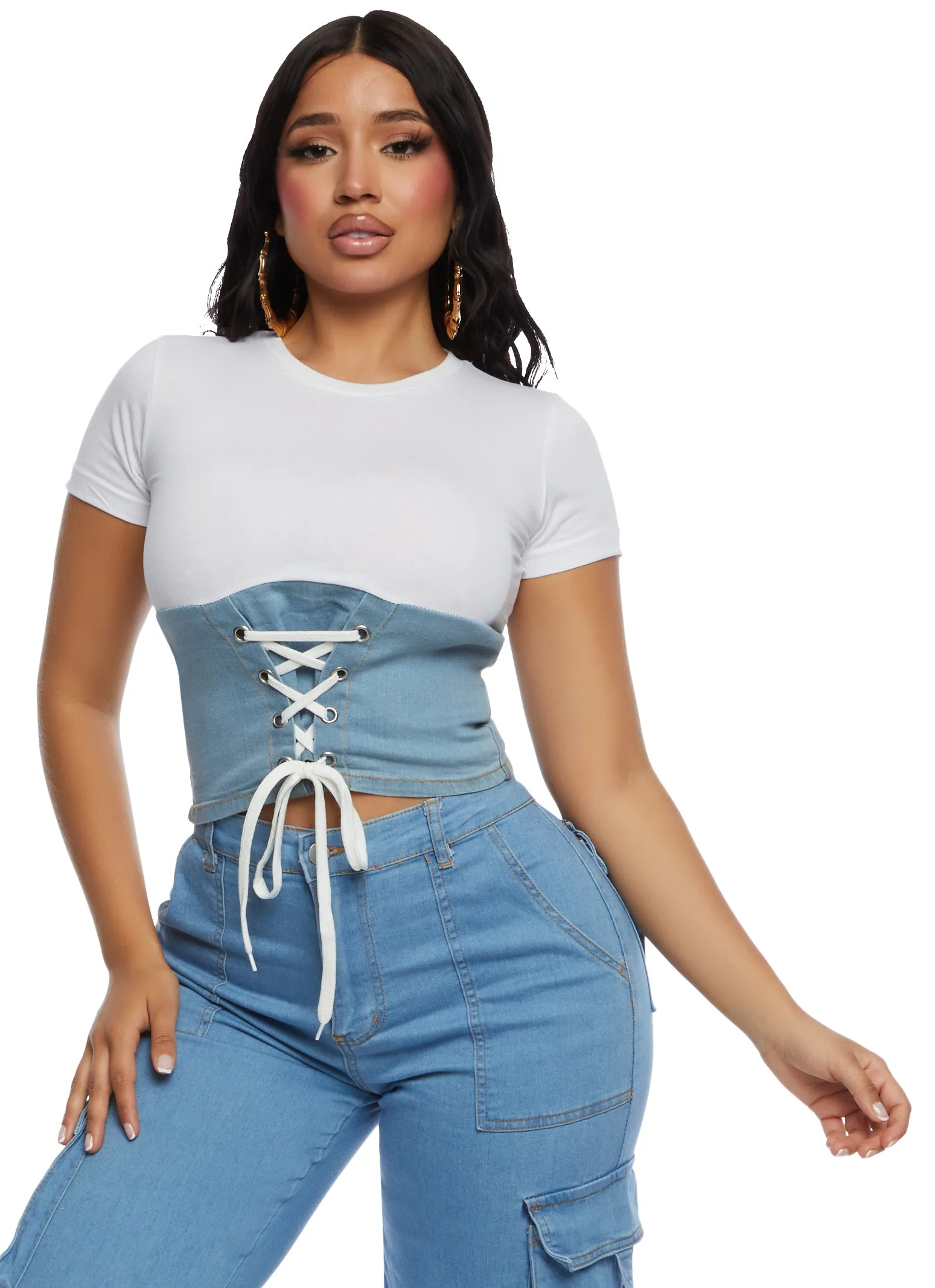 Denim Lace Up Corset Tee sold by Rainbow