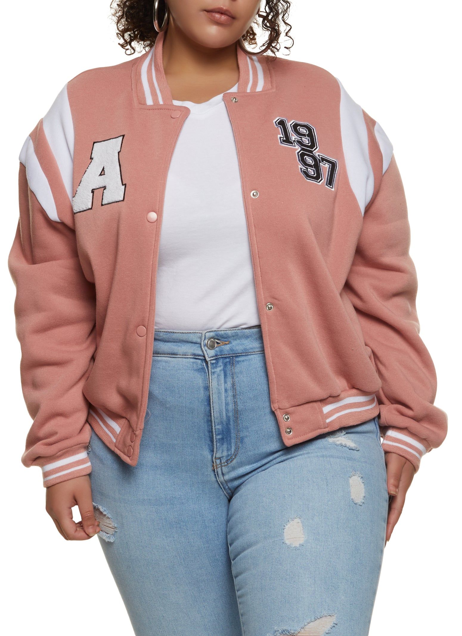 Plus Size Chenille Patch Letterman Jacket sold by Rainbow
