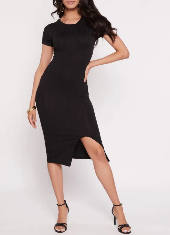 Ribbed Crew Neck Side Slit Midi Dress sold by Rainbow