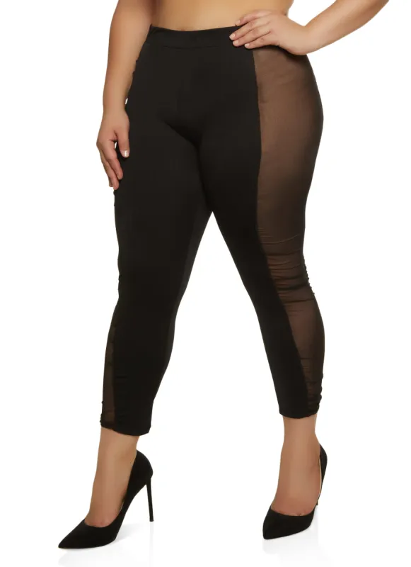 Plus Size Solid Mesh Detail Leggings sold by Rainbow